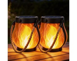 SnelShoppen - Lantaarns op Zonne-energie voor Buiten, 2 Stuks met Dansende Vlammen, Draagbare LED Tuinlampen van Henneptouw, Decoratieve Hanglampen vo