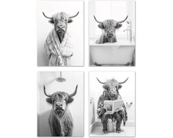 SnelShoppen - LAVEMA Toilet Decoratie Poster A4 - Grappige Wanddecoratie voor Badkamer - Zwart Wit Wandbeeld - Hooglander Koe - Perfect als Cadeau