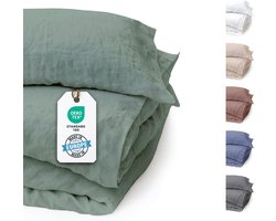 SnelShoppen - Luxe Linnen Beddegoed 135 x 200 cm, Oeko-Tex Gecontroleerd, 2-Delig Dekbedovertrek + Kussensloop, Steen Gewassen Groen, Ideaal voor Slaa