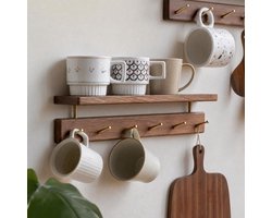 SnelShoppen - Muurbevestigde Kapstok in Massief Zwart Walnoot met 6 Messing Haakjes, Sleutelhouder en Plank voor Kleding, Hoeden, Handdoeken - Perfect