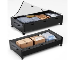 SnelShoppen - Opbergruimte onder het bed met wielen, 2 stuks houten opbergcontainers, grote schoenenorganizer met doorzichtig deksel, Heavy Duty voor