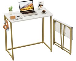 SnelShoppen - Opvouwbaar Bureau 80cm, Klein Vouwtafel Bureau voor Kleine Ruimtes, Mini Computertafel Gamingtafel Schrijfwerkstation in Wit en Goud