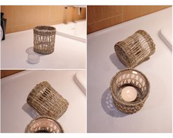 SnelShoppen - Pakket van 2 Rieten Geweven Theelichtkaarsenhouders - Handgemaakte Decoratieve Votiefkaarsenhouder - Rustiek Vintage Zeegras - Glazen Vo