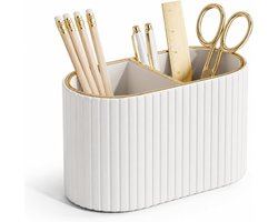 SnelShoppen - Pennenorganizer Ovaal - Luxe Pennenhouder Bureau met 2 Vakken - PU-Leren Desk Organizer - Ivoorwit Kleur voor Kantoor en Thuisgebruik