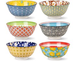 SnelShoppen - Porseleinen Soep Granen Kommen Set - 6 Keramische Diepe Kommen 23oz - Leuke Kleurrijke Patroon Kommen voor Havermout, Noedels en Ontbijt