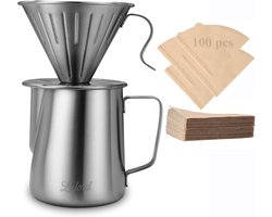 SnelShoppen - Pour Over Koffiezetapparaat 304 Roestvrij Staal met 100 Stuks #2 Papieren Filters & 600ml Melkopschuimen Pitcher voor Thuis en Camping