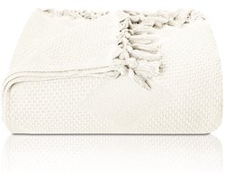 SnelShoppen - Premium Bedsprei met Handgeknoopte Franje - 100% Katoen - 180 x 220 cm - Waffle Pique Zomerdeken - Voor Bed, Bank & Sofa (Natuurlijk)