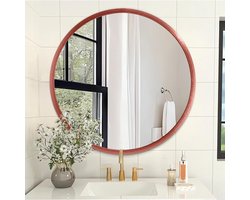SnelShoppen - Ronde Houten Spiegel 50 x 50 cm Rood Geborsteld Mat - Hangende Wandspiegel voor Badkamer, Slaapkamer, Entree en Woonkamer