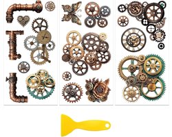 SnelShoppen - Rub on Transfer Sticker voor Meubel Decoratie 15cm x 30cm Steampunk Tandwielen, 3 Stuks Waterdicht DTF Transfer voor Lade, Dressoir, Gla
