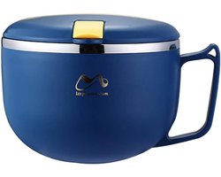 SnelShoppen - RVS Instant Noodle Bowl 900-1200ml Bento Box - Draagbaar, Lekvrij, Inclusief Deksel - Pastakom, Rijstkom, Soepkom - Blauw, Klein - Voor