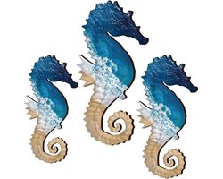 SnelShoppen - Seahorse Wanddecoratie 3-delige Set, Houten Strandpatroon, Zeepaard Decoratie, Perfect voor Coastal Villa, Badkamer en Buiten