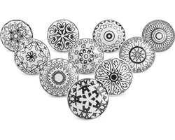 SnelShoppen - Set van 10 Keramische Knoppen Zwart Wit Bedrukte Meubelgrepen voor Keukenkastjes, Badkamer, Dressoir, Handgemaakte Aardewerk Decoratieve