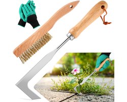 SnelShoppen - Set van 2 Onkruidverwijder Set met Handborstel en Tuinhandschoenen, Handmatige Onkruidverwijdering met Houten Handvat voor Tuin, Terras,