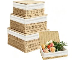 SnelShoppen - Set van 3 Opbergmanden met Deksel, Gevlochten Papieren Touw Mand met Metaalframe en Voering, 3 Maten, Boho Opberging voor Badkamer, Inpa