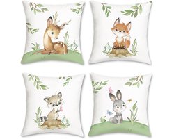 SnelShoppen - Set van 4 Decoratieve Kussenslopen 45 x 45 cm met Dierenmotieven, Hert, Vos, Wasbeer en Haas voor Bank, Woonkamer, Kinderkamer en Huisde