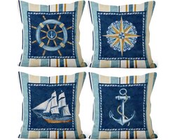 SnelShoppen - Set van 4 Decoratieve Kussentjes 46x46 cm - Sierkussensloop met Anker, Zeeman, Roer, Kompas en Zeilboot Print - Duurzaam Linnen voor Ban