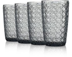 SnelShoppen - Set van 4 grijze waterglazen met reliëf design, vintage longdrinkglazen, kleurrijke drinkglazen met geometrische textuur, vaatwasmachine