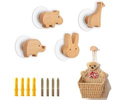 SnelShoppen - Set van 4 Houten Kinder Wandhaken Diermotieven - Kapstok voor Kinderen - Natuurlijke Beukenhout - Zelfklevend en Met Schroeven voor Kind