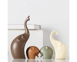 SnelShoppen - Set van 4 Houten Olifanten Familie Beelden Porselein Sculpturen Decoratie Dieren Set Handgemaakt Keramiek voor Woonkamer, Salontafel, Ca