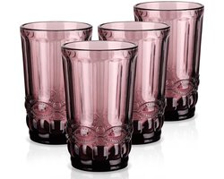 SnelShoppen - Set van 4 kleurrijke vintage drinkglazen 410 ml, paarse waterglazen met reliëf, stapelbare sapglazen voor bruiloften, banketten, kantoor