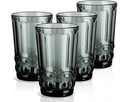 SnelShoppen - Set van 4 Vintage Grijze Drinkglazen 410 ml met Reliëf Serpentinepatroon - Kleurrijke Waterglazen voor Feestjes, Bruiloften, Banketten,