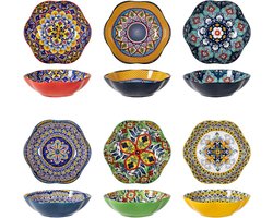 SnelShoppen - Set van 6 Kleurige Porseleinen Saladeschalen 590 ml - Multi-Functionele Schalen voor IJs, Rijst, Dessert - Bohemian Stijl - Perfect voor