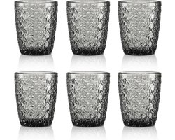 SnelShoppen - Set van 6 moderne grijze waterglazen 300 ml met geprint design, retro juice glazen, vaatwasmachinebestendige drinkbekers voor feesten en