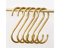 SnelShoppen - Set van 6 S-vormige haakjes in goud, multifunctionele messing haken voor het ophangen van pannen, kopjes, handdoeken in keuken, badkamer