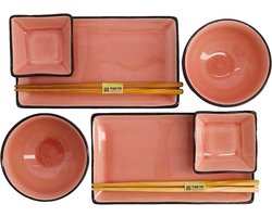 SnelShoppen - Set van 8 Delicate Raku Glazuur Sushi en Rijst Schalen - 2 Grote Sushi Borden, 2 Sauskommen, 2 Rijstkommen en 2 Chopsticks - Grijs Steen