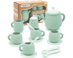 SnelShoppen - Silicone Theeset voor Kinderen, 15-delig, BPA-vrij, Speelgoed voor Rollenspel, Groene Theepot, Kopjes, Schotels en Bestek voor Kinderen
