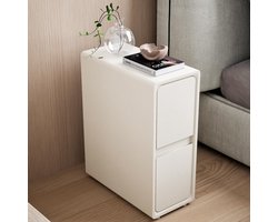 SnelShoppen - Smal Nachtkastje - Moderne Bijzettafel - Leren Nachtkastje met 2 Houten Laden - Kleine Tafel voor Slaapkamer en Woonkamer - 50 x 40 x 25