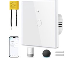 SnelShoppen - Smart WiFi Lichtschakelaar - Glazen Touch Wandlamp - 1-Weg 2.4GHz - Ondersteunt Alexa, Google Home, Tuya APP - Stemcontrole - Wit - Flus
