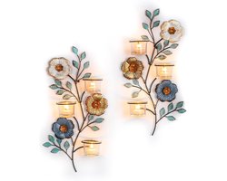 SnelShoppen - Sziqiqi Wandkaarsenhouder Set van 2 - Metalen Wanddecoratie met 6 Theelichthouders - Vintage Bloemen en Bladeren Design voor Woonkamer,