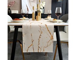 SnelShoppen - Table Runner Modern Autumn Wit en Goud Linnen Marmer Textuur Abstracte Kunst Wasbaar 33 x 183 cm Voor Eettafel, Salontafel, Slaapkamer
