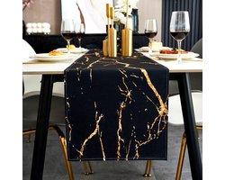 SnelShoppen - Table Runner Modern Zwart en Goud 40 x 140 cm - Wasbare Linnen Tafelkleed met Marmer Textuur voor Eettafel, Salontafel, Feest en Decorat