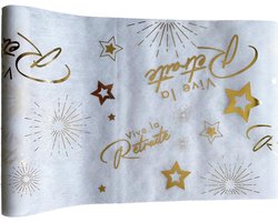 SnelShoppen - Table Runner 'Vive la Pensioen' Non Woven Fleece in Wit en Goud - Tafelversiering voor Pensioenfeest - 31,5 cm x 500 cm - Originele Deco
