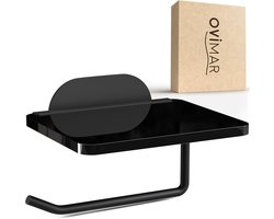 SnelShoppen - Toiletpapierhouder met Glazen Legplank, Zelfklevend, Zwart, WC-Rolhouder zonder Boren, Modern Design voor Badkamer en Toilet