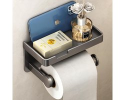 SnelShoppen - Toiletpapierhouder met Plank - Zelfklevende Toiletrolhouder met Opbergruimte voor Mobiele Telefoon - Hoogwaardige Grijze Badkamer Access