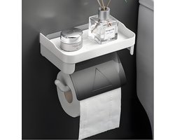 SnelShoppen - Toiletpapierhouder Wit met Plank en Grijze Deksel, Zelfklevende Toiletrolhouder zonder Boren, Wandmontage, Waterdicht en Stofdicht, Ruim