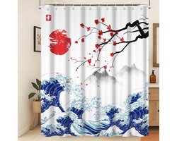 SnelShoppen - Traditionele Japanse Schilderkunst Douchegordijn Kanagawa Grote Golf Rood Kersenbloesems en Zonneheuvels Anti-Mold Waterdicht Badkamer G