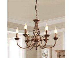 SnelShoppen - Traditionele Landhuis Stijl Kroonluchter, Verstelbare Hoogte, Bronzen Vintage Hanglamp, 6 Lichten, Wrought Iron Candlestick voor Woonkam