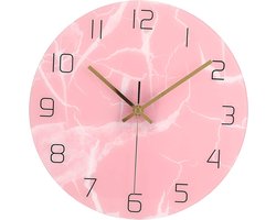 SnelShoppen - Unieke wandklok met roze print, duurzame stille beweging, transparante organische glazen plaat voor slaapkamer, woonkamer, moderne wandd