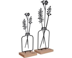 SnelShoppen - UNUS Staande Bloemenvase Set van 2, Metalen Vazen met Bamboe en Houten Accenten, Decoratieve Tafelversiering, Zwart, Modern en Tijdloos