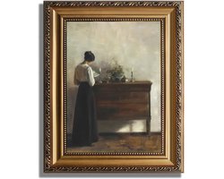 SnelShoppen - Vintage gouden ingelijste muurkunst - Retro canvas muurdecoratie voor woonkamer, slaapkamer en keuken - Vrouw verloren in een boek - 23