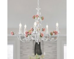 SnelShoppen - Vintage Witte Kroonluchter - Metaal Kroonluchter voor Woonkamer, Slaapkamer, Eetkamer - 5 Lampen - Romantische Franse Stijl met Rozen