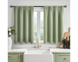 SnelShoppen - Waterdichte gordijnen met roedezak, korte verduisterende gordijnen voor keukenkast, badkamer erker, 2 panelen 90 x 60 cm - saliegroen