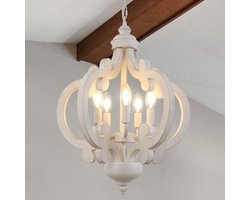 SnelShoppen - Witte Vintage Kroonluchter 5 Lichten Houten Hanglamp - Hoogte Verstelbare Boerderij Hanglamp - Traditionele Franse Plafondlamp voor Woon