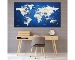SnelShoppen - XXL Wereldkaart als Prikbord | Reisbestemmingen en Vakanties Pinnen | Elegante Fleece Kaart in Blauw | 130 x 70 cm, Inclusief 20 Vlaggen