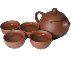 SnelShoppen - Yixing Kleiteepot 4 Kopjes Set, Traditionele Chinese Kung Fu Theeset, Rood, Theepot voor Feest, Keuken en Theeceremonie