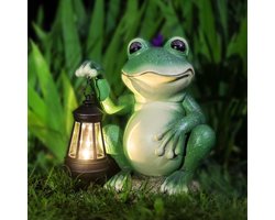 SnelShoppen - Zonnige Kikker Standbeeld met LED Hand Lantaarn, Waterdichte Handgeschilderde Kikker Tuin Ornament voor Pad, Tuin, Gazon, Patio
